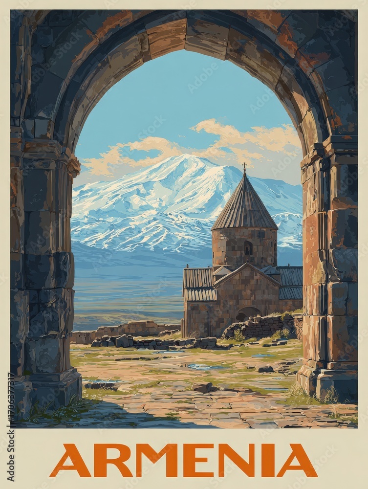 A beautiful view through an archway reveals a historic Armenian church nestled against majestic mountains. Clear skies enhance the serene landscape, showcasing nature and culture.