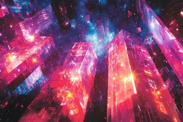 Wall Mural - a futuristic city, vibrant and glowing, ascends into a starry cosmos, a breathtaking digital artwork