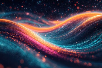 Wall Mural - abstract digital art depicting vibrant, flowing waves of light and particles in a dark, starry backg