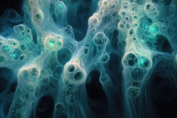 Wall Mural - abstract fractal art depicting a teal and white web-like structure with glowing orbs, resembling a c