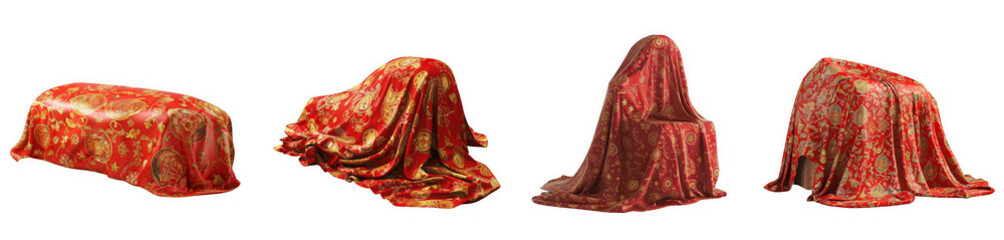 Four abstract sculptures draped in textured red and gold fabric, isolated on transparent background