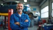 © miss irine - Smiling Caucasian male auto mechanic in blue uniform stands with arms crossed in auto repair shop. Pro technician provides vehicle maintenance and car repair service.