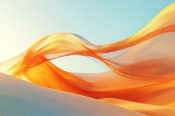 Wall Mural - Abstract art depicting flowing orange fabric over a light-colored surface, resembling dunes under a soft sky.