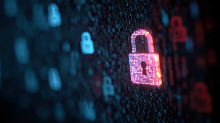 Digital security concept with glowing padlock and binary code protecting data and access