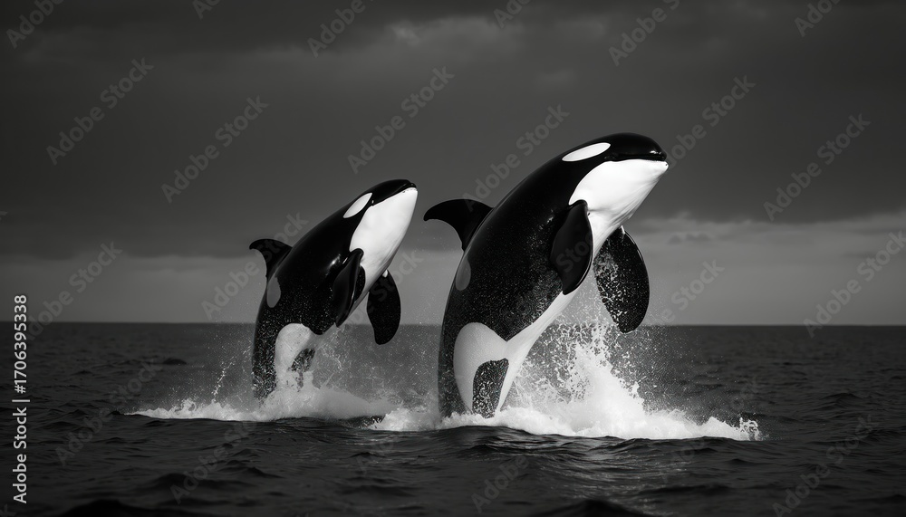 Two orcas breach ocean water under dramatic black, white sunset sky ...