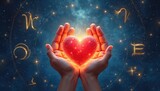 Two hands cradle glowing red heart. Celestial blue background features zodiac signs, cosmic elements. Illustration blends love, astrology, universe with mystical, spiritual, romantic themes.