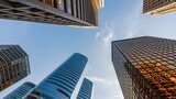 Perspective view looking up at modern skyscrapers against a clear blue sky symbolizing city growth urban architecture and business progress