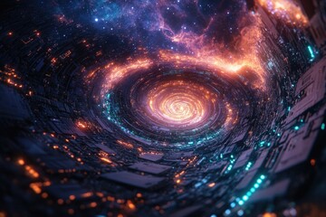 Wall Mural - a swirling vortex of cosmic energy, glowing with vibrant colors, within a futuristic, technological 