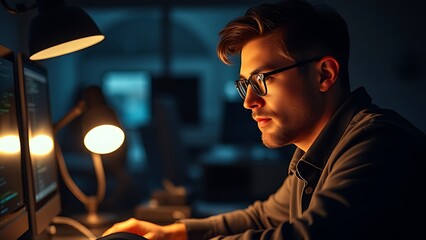 Programmer working late, focused under warm desk lamp glow in a softly lit dark office.
