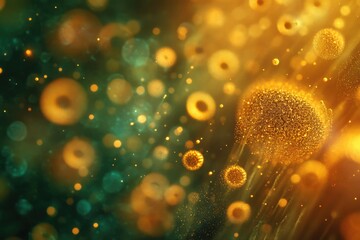 Wall Mural - abstract microscopic image showcasing golden and teal spheres, resembling cells or celestial bodies,
