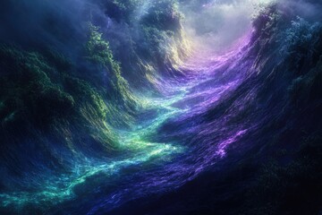 Wall Mural - surreal landscape of vibrant, glowing waves flowing through a mystical, forested valley.