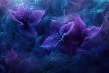 Wall Mural - ethereal purple flowers float in a swirling nebula of blue smoke, creating a dreamy, mystical scene.