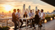 © Ivul - Professionals on a modern rooftop terrace at sunset, enjoying drinks and lively conversation with a stunning city skyline, embodying successful urban networking