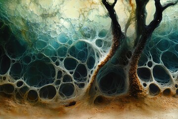 Abstract artwork depicting a dark, cavernous landscape with intricate web-like structures and tree-like forms.