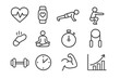© Sergey - Fitness Icon Collection. Line style icons of gym and home training: heartbeat, activity band, push-up icon, squat; step counter,