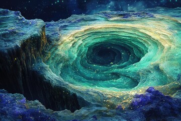 Wall Mural - a cosmic chasm, swirling teal and gold, glows with ethereal light against a star-studded backdrop.