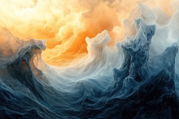 Wall Mural - abstract digital art depicting a surreal landscape of swirling, textured waves in shades of blue and
