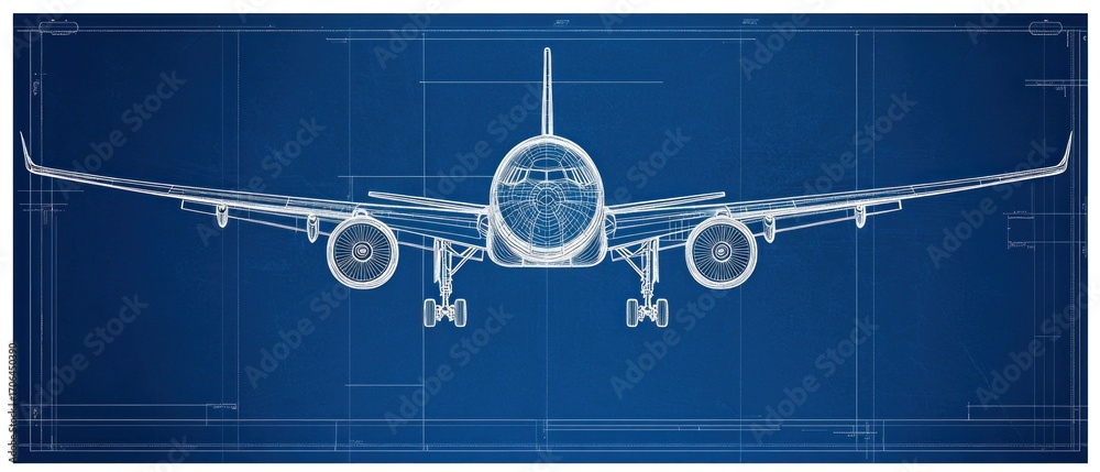 Airplane blueprint technical drawing of passenger aircraft front view ...