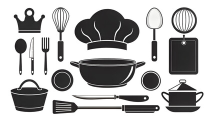 A silhouette graphic displays a variety of cooking and baking tools, including a chefs hat, whisks, pots, pans, knives, and serving utensils, on a transparent background
