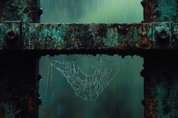 A dew-laden spiderweb hangs from a rusty, weathered metal structure during a rainy day.