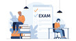 © meeblues - Flat illustration of students preparing for exam with laptops, sitting on books and at desk with checklist, representing online learning, study preparation, and digital education