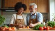 © miss irine - Happy younger woman, older man prepare meal together in well-lit kitchen. Share ingredients, vegetables, smiles, enjoying culinary bonding, healthy cooking. Intergenerational connection, family