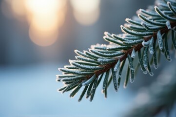 frost-covered pine branch in winter morning light, showcasing natural beauty and serenity. winter la