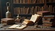 © miss irine - Antique books arranged on dusty wooden table within vintage library study. Shelves filled with aged literature create historical scene. Open book with parchment pages, weathered leather bindings