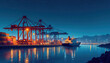 © miss irine - Nighttime seaport illustration shows cargo ship, cranes, and containers. Marine transport, freight shipment, and warehouse operations visible. City skyline and mountains in distance under starry sky.