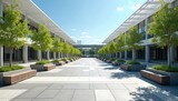 Spacious modern plaza lined with trees in planters, wooden benches under clear blue sky. Outdoor urban space features contemporary architecture, paved walkways, inviting calm relaxation. Perfect for