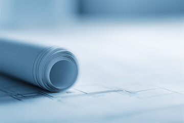 Rolled blueprint sheet on table with blurred background, symbol of architecture and engineering planning. Minimal backdrop provides copy space for creative layouts.