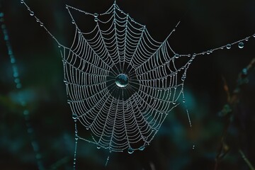 A spiderweb glistening with morning dew, intricate design and water droplets.