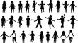 ©  Creative Crafter - Children silhouettes vector illustration, kids in various poses icon set, playful and active body movement design, childhood activity and gesture clipart