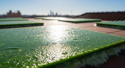 Wall Mural - of algae bioplastic tile curing process on rooftop exposed to natural elements and sunlight.