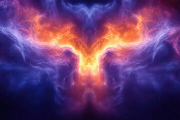 Wall Mural - abstract cosmic art depicting a fiery, winged creature in vibrant orange and purple nebulae.