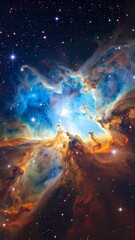 Wall Mural - Spectacular celestial nebula and cosmic dust in glowing shades of blue, gold, and rust amidst sparkling stars of deep outer space