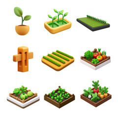 Wall Mural - collection of vibrant, illustrated plant pots and garden beds showcasing various vegetables and seed