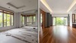 © Alger - Interior renovation progress comparison, showing a simple room transformation with ambient lighting.