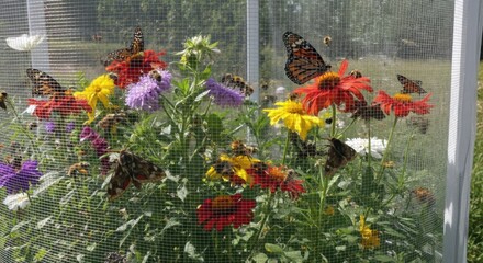 Wall Mural - Medium shot of a pollination enclosure with delicate mesh featuring a mix of bees butterflies and moths interacting with flowering plants naturally.