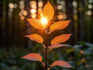 Wall Mural - Sunset light shining through leaves in forest