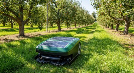 Wall Mural - Solarpowered mower cutting grass in an orchard showcasing sustainable maintenance tools powered by clean energy under bright daylight.