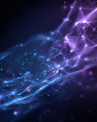 Polygon gradient tech base with translucent wireframe mesh & glowing node lines, blue-purple growth infographic style