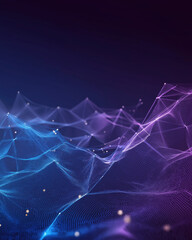 Polygon gradient tech base with translucent wireframe mesh & glowing node lines, blue-purple growth infographic style