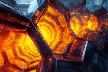 Wall Mural - abstract digital art depicting a fiery, hexagonal, crystalline structure, glowing with intense orang