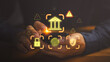 © ParinPIX - Hands holding smartphone with glowing icon of bank, fingerprint, lock, shield and warning signs, symbolizing online banking security, data protection, cybersecurity, mule account and fraud prevention.