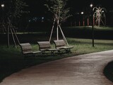 Tokyo, Japan - September 16, 2025: Three benches in a park at night
