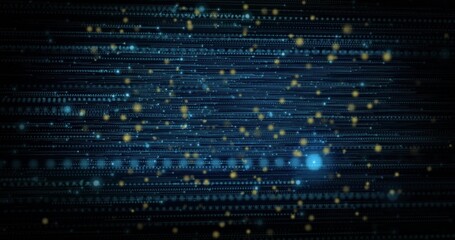 Wall Mural - Scattering glowing blue and gold particles across binary code lines in digital network, futuristic