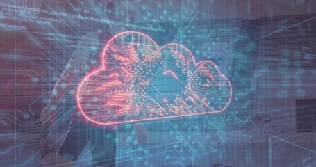 Wall Mural - Floating red cloud icon showing circuit lines in virtual space with grid-lines, floating code