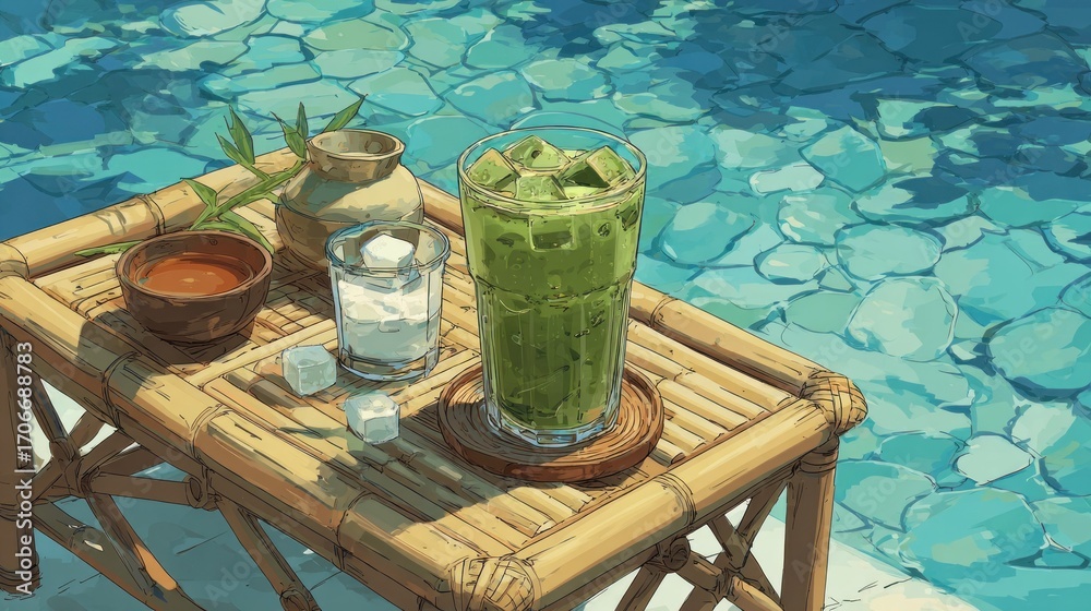 Matcha Pool Iced matcha by a pool, with a view of the water. A table with a bamboo ...