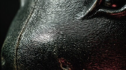 Close-up of dark textured material, possibly leather or plastic, showing fine details and slight imperfections